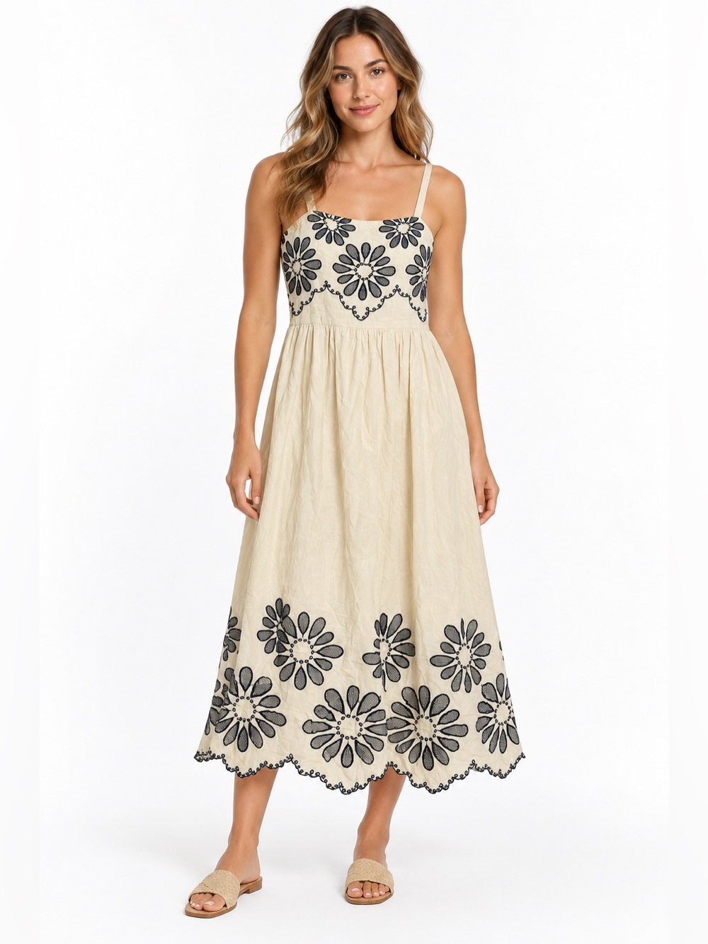 Dress Nado Dress Womens M Embroidered Floral Midi Sundress Cottagecore Boho